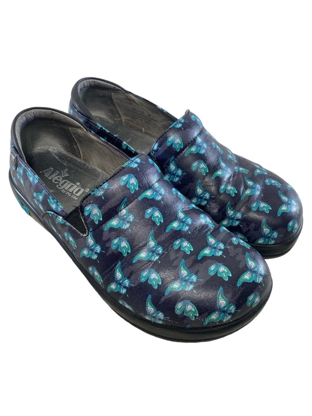 Alegria Navy Slip-On Clogs with Teal Butterfly Accents